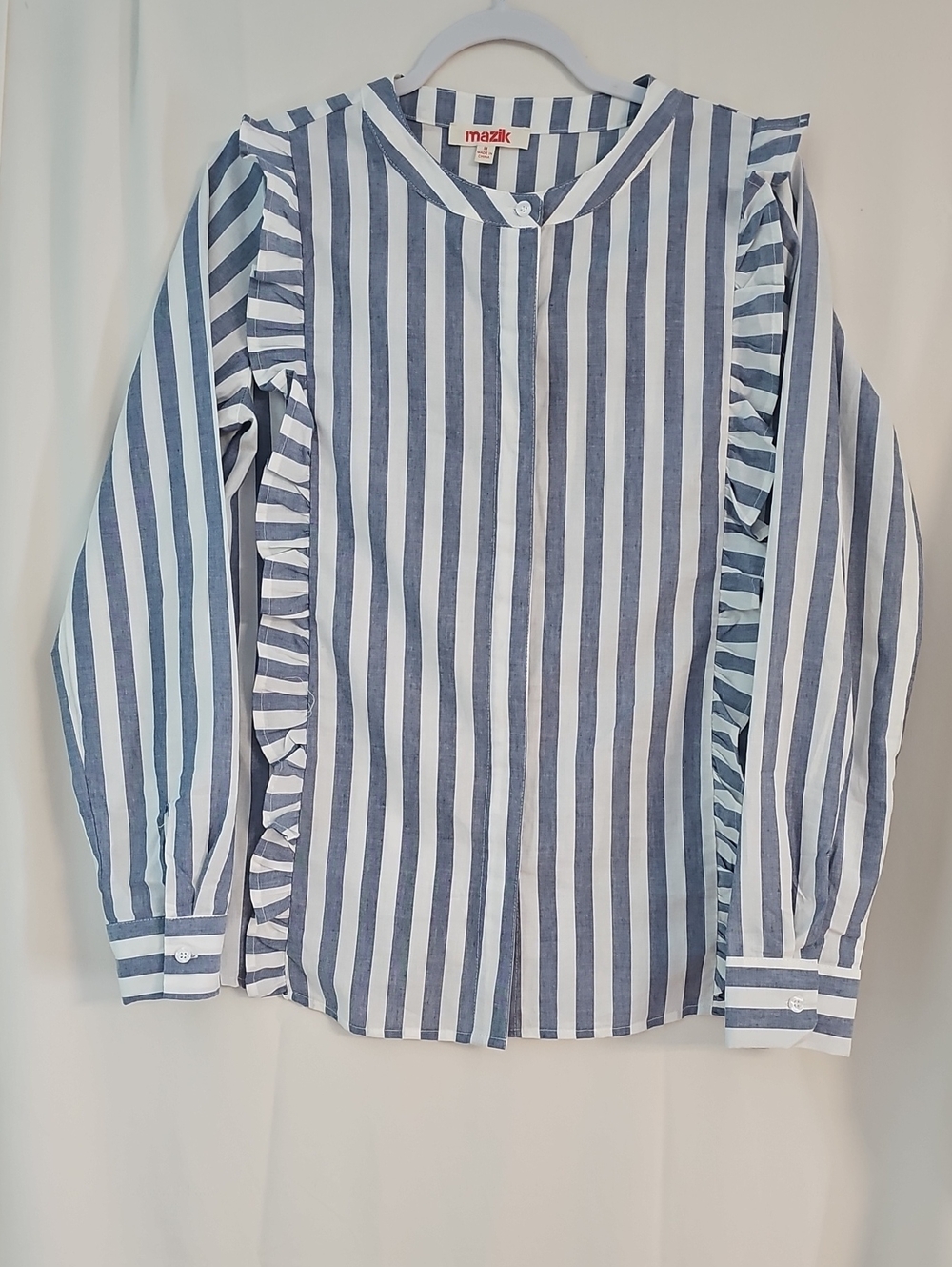 Mazik 100% Cotton Blue and White Vertical Stripe Button Up Shirt